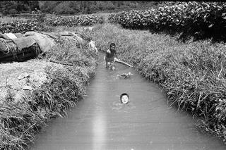 小川で遊ぶ子供